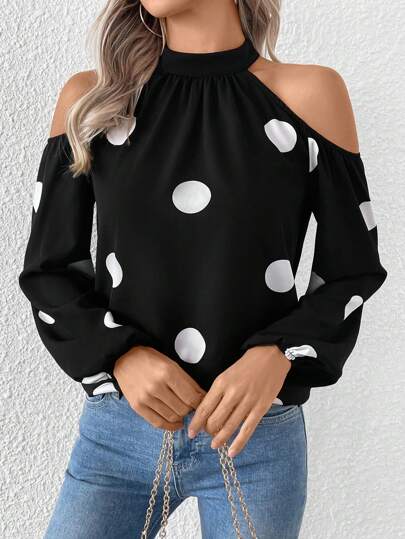 Chiquease Blusa con diseño de cuello de lazo, hombros abiertos y estampado de lunares, elegante y versátil para uso diario