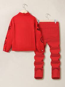 SHEIN Tween Boys 2pcs/Set Street Cool Distressed Graffiti Print Red Denim Jacket And Ripped Frayed High Stretch Jeans Set,For Back To School And Halloween And Tween Boys Fall Clothes - Red - View 2