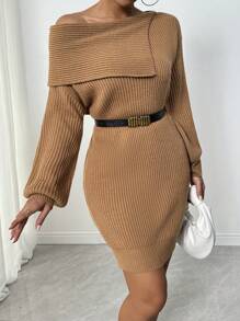 SHEIN Unity 女士休闲露肩大翻领灯笼袖纯色中长毛衣连衣裙，秋冬 - 棕色 - 查看 1
