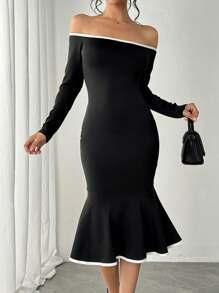 Chiquease Off-Shoulder Fishtail Hem Fitted Elegant Dress - Black - View 6