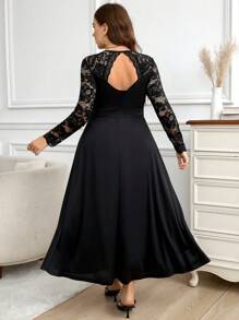 SHEIN Clasi Women Plus Size V-Neck Long Sleeve Lace Patchwork Elegant Dress, Autumn - Black - View 2