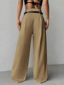 SHEIN EZwear Pantalon ample décontracté et professionnel avec jambes larges et plissées pour femmes - Kaki - Voir 2