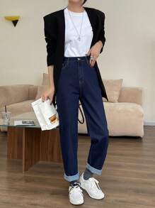 DAZY 1pc Women Solid Color Vintage Wash Straight Leg Skinny Jeans - Blue - View 6