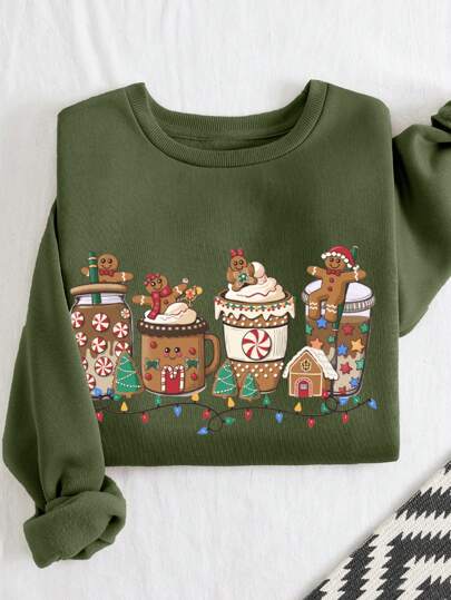 INAWLY Plus Size Women Christmas Gingerbread Man Print Crew Neck Long Sleeve Fleece Sweatshirt, Autumn/Winter