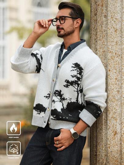 Manfinity Homme Men's Tree Pattern Long Sleeve Single Breasted Casual Cardigan, Autumn/Winter