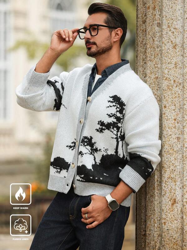 Manfinity CityGents Herren Langarm Lässig Cardigan mit Baummuster, Einzelknopfverschluss, für Herbst/Winter