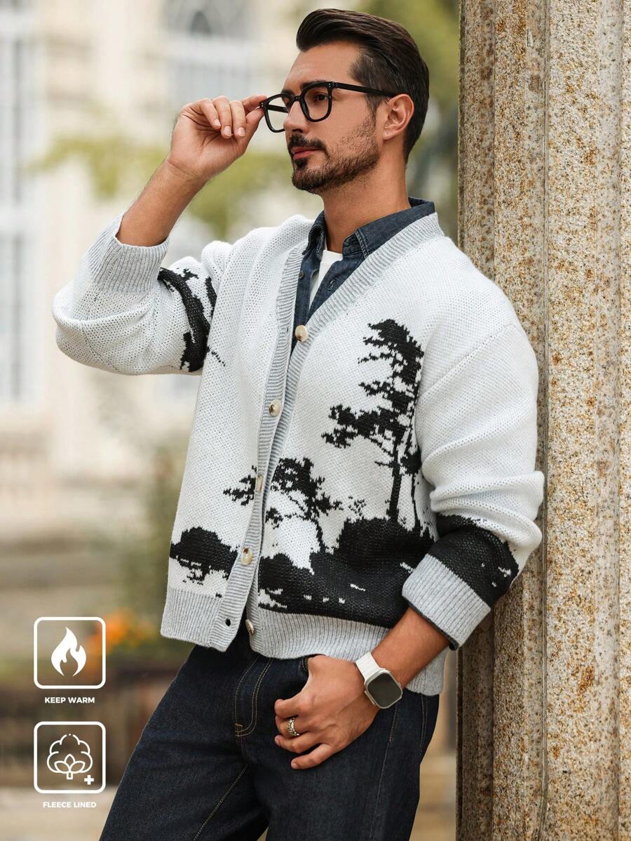 Manfinity Homme Men's Tree Pattern Long Sleeve Single Breasted Casual Cardigan, Autumn/Winter - Multicolor - View 1