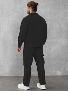 Manfinity Homme 2pcs Men Casual Button-Up Jacket And Pants Set, Daily Wear For Autumn, Men 2 Piece Set Black, Men Co Ord Set, Casual Two Piece Set Men, Men Jacket Pant Separates - Black - View 2