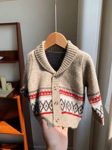 SHEIN Vintage Patterned Beige Loose Knit Cardigans For Baby Girls And Baby Boys,Cute Autumn Retro Style Soft Warm Matching Family Casual Indoor Outdoor - Brown - View 3