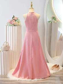 SHEIN Đầm dài màu hồng thanh lịch cho bé gái tuổi mới lớn, thích hợp cho dạ hội, tiệc, tiệc tùng, Giáng sinh, Halloween, Lễ tạ ơn - Hồng - Xem 2