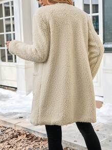 Chiquease Minimalist Solid Color V-Neck Fleece Warm Coat With Dual Pockets For Commuting