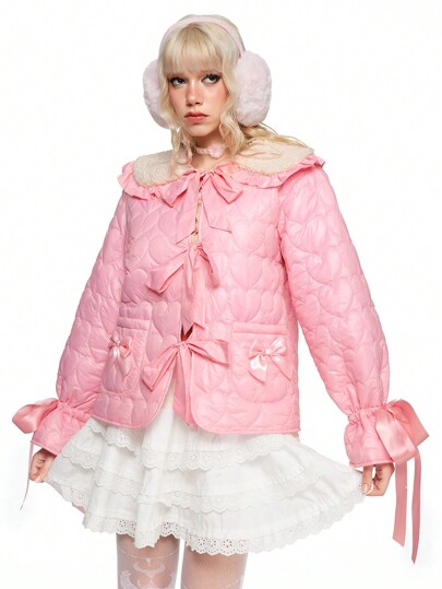 Kawaii Women Adorable Bow Fluffy Padded Coat Coat