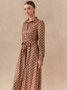 Chiquease Robe chemise longue décontractée pour femmes, imprimée sur toute la surface, avec boutons devant, automne - Tabac - Voir 5