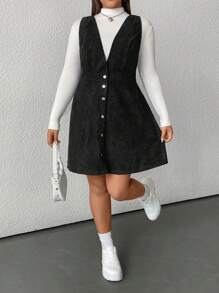 SHEIN EZwear Plus Size Solid Color Sleeveless Front Button Casual Dress, Autumn/Winter