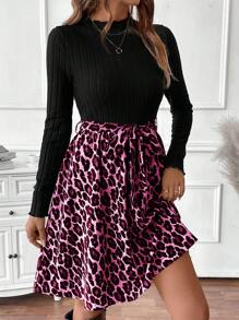 EMERY ROSE Women's Elegant Casual Knit Patchwork Leopard Print Long Sleeve Dress Fall Cloth For Women - Hot Pink - View 4