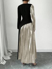 Selianne 1pc Women's Fashionable Elegant Contrast Color Patchwork Metallic Fabric Long Sleeve Dress Maxi Women Outfit - Multicolor - View 2