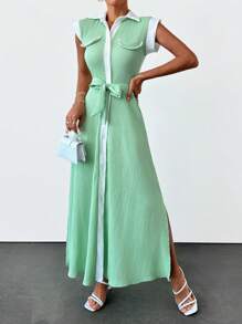 EURMUSE 撞色饰边两侧开衩束带衬衫裙