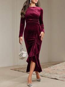 Modelyn Women Elegant Long Dress With Round Neck And Ruffle Trim Detail, Solid Color For Autumn Long Evening Dresses - Burgundy - View 5