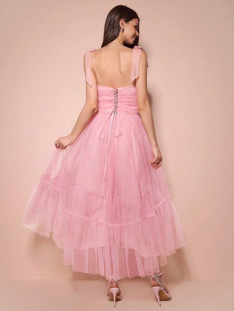 Autumn/Winter Romantic Women's Pink 3D Flower Decor Maxi Length Sweetheart Elegant  Ruffle Hem Mesh Princess Dress,For Halloween&Christmas Party