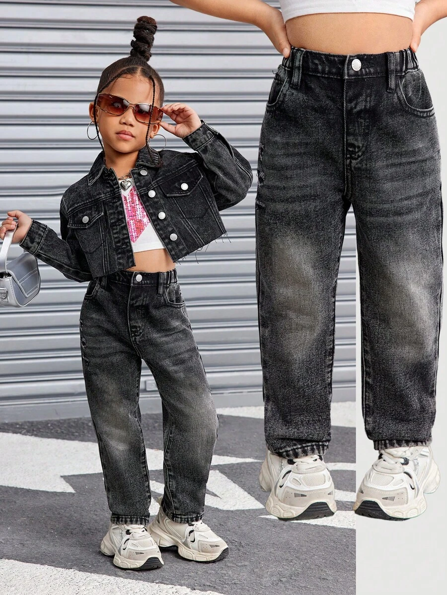 SHEIN Young Girl Y2K Style Gray Distressed Fluffy Lined Loose Fit Jeans,Warm And Casual Denim Pants For Girls In Autumn/Winter - Grey - View 1