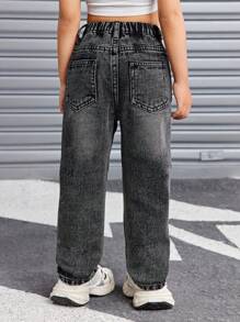 SHEIN Young Girl Y2K Style Gray Distressed Fluffy Lined Loose Fit Jeans,Warm And Casual Denim Pants For Girls In Autumn/Winter - Grey - View 6