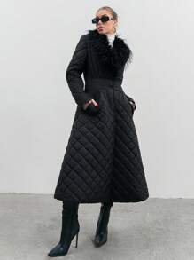 EURMUSE 长款拼接棉衣，带领子，毛皮细节，绗缝面料