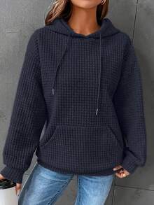 Loose Fit Pullover Solid Color Hooded Long Sleeve Waffle Knit Sweatshirt, Autumn - Navy Blue - View 4