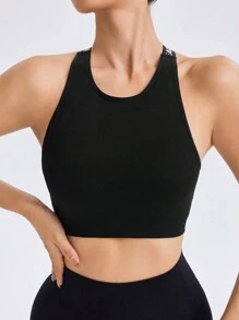 Easithlete Sujetador deportivo sin espalda, sin costuras, con cinta con letras negra - Negro - Ver 4