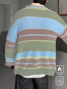 Manfinity Hypemode Men's Casual Striped Color Block Drop Shoulder Loose Button Front Cardigan