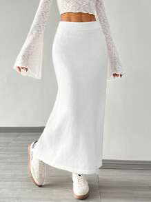 SHEIN EZwear Knitted Slit Elastic Waist Long Casual Skirt For Women - White - View 3