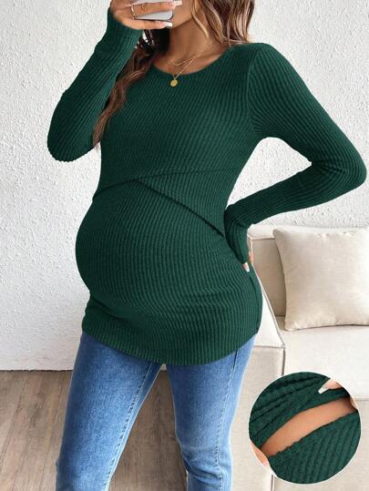SHEIN Maternity Casual Solid Color Slim Nursing Long Sleeve T-Shirt, Nursing T-Shirt, Autumn/Winter