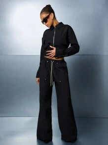 SUMWON WOMEN Nylon Zip Through Collar Full Sleeves Shirt - Black - View 4