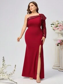 SHEIN Belle 大码圣诞抹胸优雅高端亮片鱼尾裙，奢华风格迷人，适合新娘订婚婚礼派对，长袖半正式舞会礼服，适合生日、婚礼宾客、毕业返校节 - 酒紅色 - 查看 3
