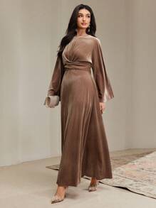 Veilorie Women Solid Color Round Neck Batwing Sleeve Elegant Dress With Waist Cross Details Modest