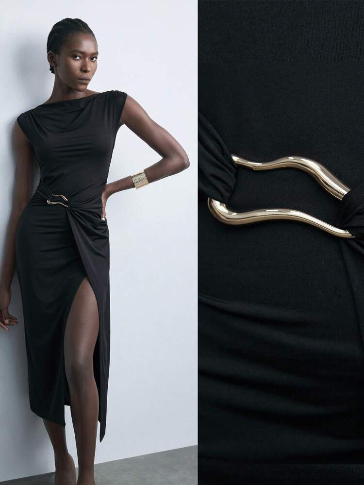 SHEIN Maija Women's Black Asymmetrical Design Metal Decor Versatile Modern Urban Casual Fashion Dress, Suitable For Holidays, Parties, Elegant Urban Chic Leisure, Black Satin Bowknot Strap Structure Casual Business Outfit, Low-Key Retro Atmosphere High-End Urban Commuter Style, Magazine Editor Same Style Urban Social Holiday Party Outfit, Attractive Low-Key Basic Versatile Dress, Relaxed Cafe Street Long Maxi Dress, Christmas Women's Clothing