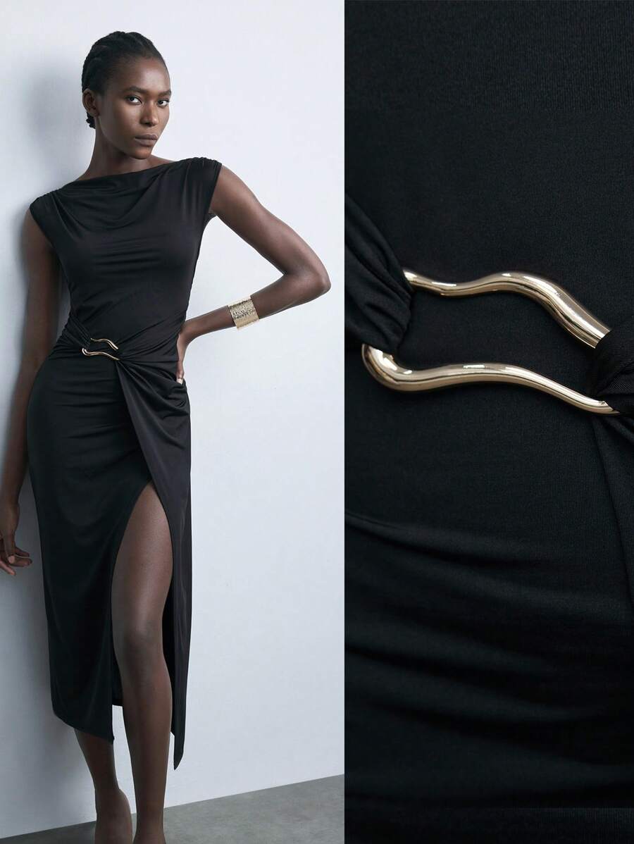 Maija 女式黑色不对称设计金属装饰百搭现代都市休闲时尚连衣裙，适合节日、派对，优雅都市时尚休闲，黑色缎面蝴蝶结肩带结构休闲商务装，低调复古氛围高端都市通勤风格，杂志编辑同款都市社交节日派对装，迷人低调基本百搭连衣裙，休闲咖啡厅街头长款超长连衣裙 - 黑色 - 查看 1
