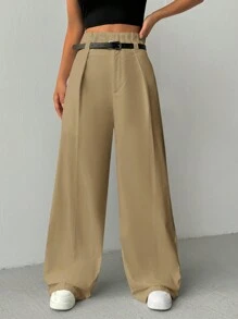 SHEIN EZwear Pantalon ample décontracté et professionnel avec jambes larges et plissées pour femmes - Kaki - Voir 1