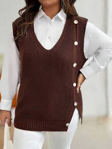 Calvaya 大码女士休闲时尚修身无袖纽扣毛衣背心，秋冬 - 棕色 - 查看 4