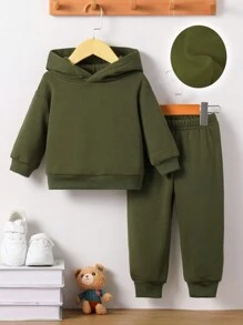 Baby Boy Tjock Fleece Huvtröja & Byxor Outfit, Casual Mode Set, Höst/Vinterkläder - Armé Grön - Visa 3