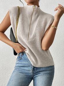 Chiquease 1pc Solid Color Half Zip Collar Ribbed Knit Sleeveless Sweater Vest - Apricot - View 6