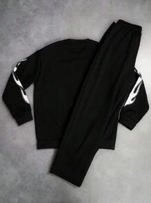 Manfinity EMRG 2pcs Men Casual Street Style Letter Flame Print Hoodie And Loose Fit Pants Set - Black - View 2