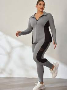 Easithlete Plus Size Color Block Zipper Cardigan I Legginsy Zestaw Sportowy Garnitur, Jesień