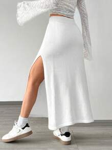 SHEIN EZwear Knitted Slit Elastic Waist Long Casual Skirt For Women - White - View 2