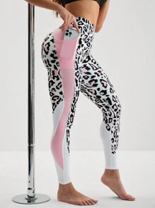 Menodora SHEIN Sport 豹纹宽腰带运动紧身裤，带手机口袋，女士瑜伽裤