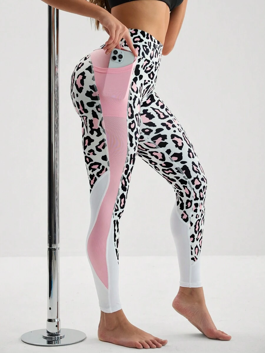 Menodora SHEIN Sport 豹纹宽腰带运动紧身裤，带手机口袋，女士瑜伽裤