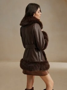 Anewsta New Autumn/Winter Fluffy Jacket With Fox Fur Trim, Women Long Shaggy Fur Coat Minimalist Stylish, - Coffee Brown - View 2