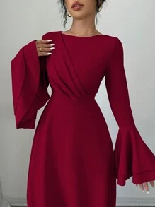 Rafferiza Robe élégante à manches évasées et col rond de couleur unie pour femmes, tenue maxi pour l'automne, le nouvel an - Rouge - Voir 5
