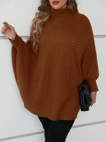 Mulvari Plus Size Women Casual Solid High Collar Batwing Sleeve Plus Size Pullover Sweater, Suitable For Autumn/Winter - Coffee Brown - View 3