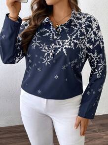 SHEIN Clasi Áo sơ mi dài tay in hình bông tuyết dệt Giáng sinh dành cho nữ, trang phục thường ngày cho kỳ nghỉ, mùa thu/đông - Nhiều màu - Xem 1