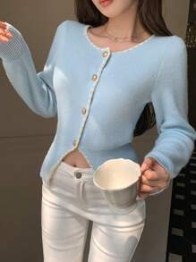 DAZY 女士拼色修身针织开衫，秋装 - 淺藍色 - 查看 10